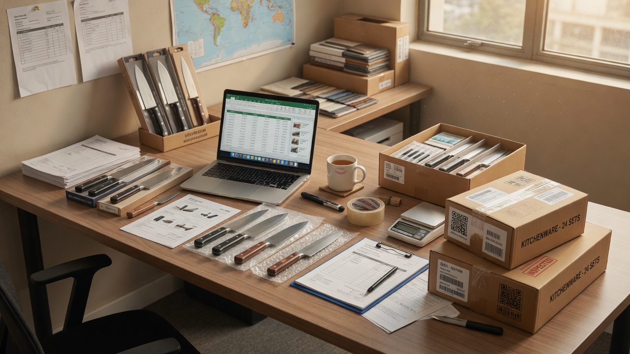 The Yunji trade desk with knife samples, sample boxes, spec sheets and a laptop